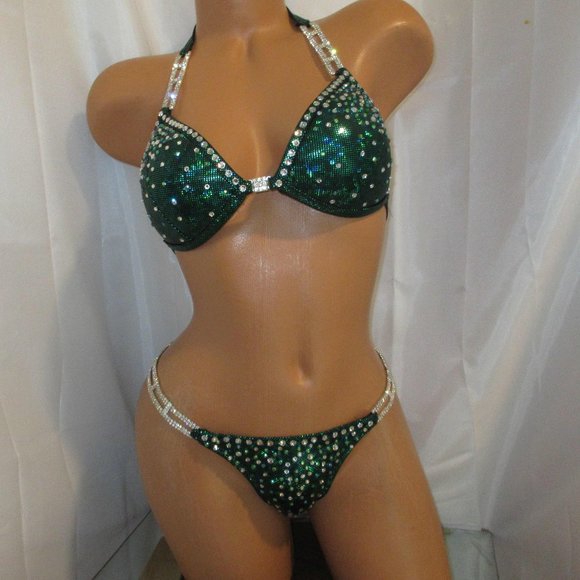 COMPETITION BIKINI POSING SUIT GREEN/BLACK brand new never worn